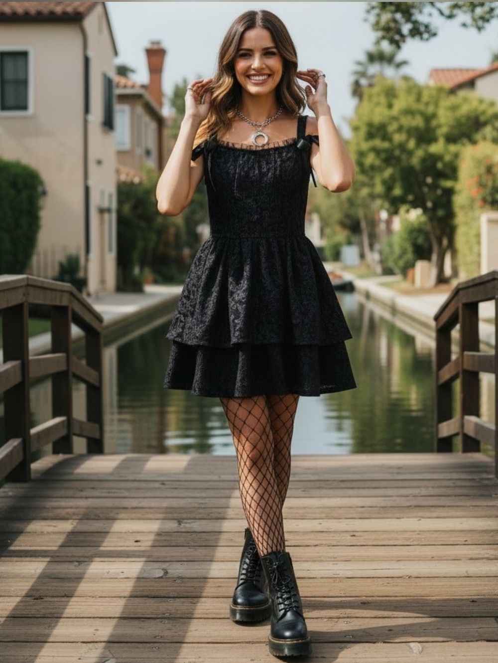 Trixxi Black Floral Tiered Dress with Ribbon Straps